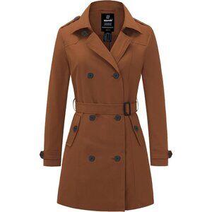 Women's Caramel Waterproof Trench Coat with Classic Lapel and Belted Design